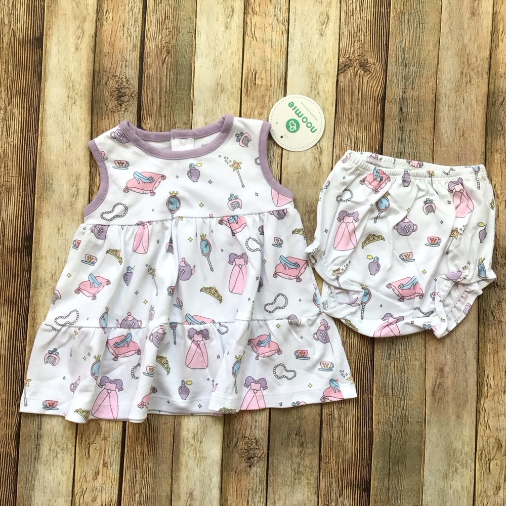 Baby Noomie Princess Print White & Lavender Dress with Bloomers